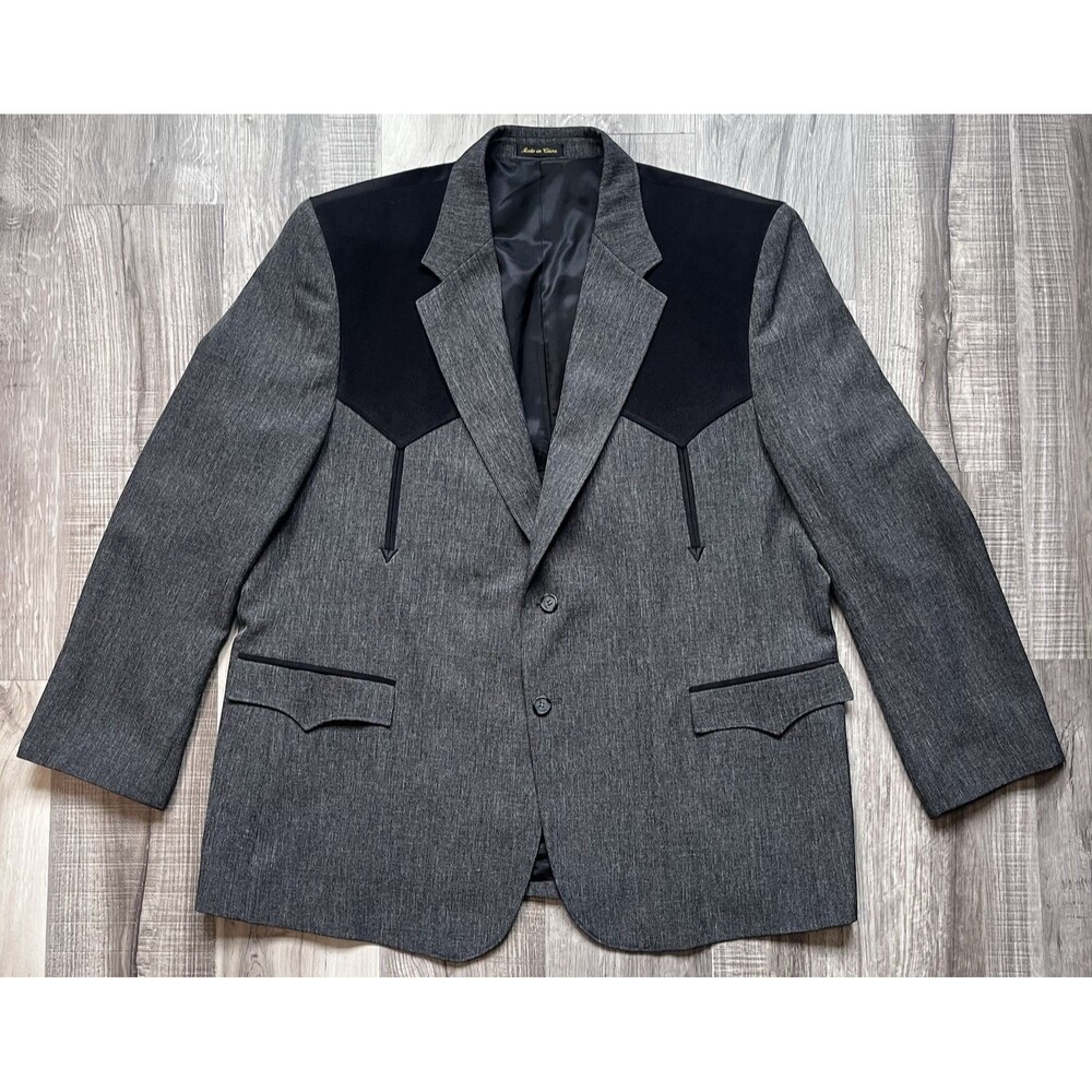 Circle S Mens Western Blazer Gray Black Yoke Cowboy Sport Coat 52R Polyester